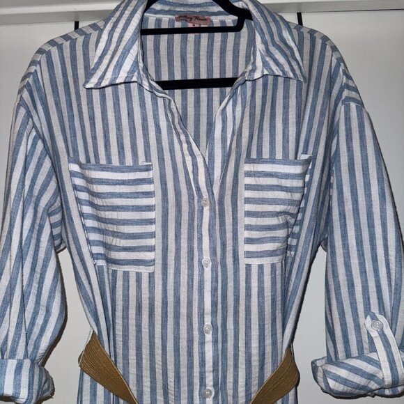 Blue and White stripe shirt dress midi with tan belt size medium 6-8 - Picture 11 of 13
